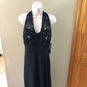 NWT SL Fashions Size 10 Beaded Black Halter Dress